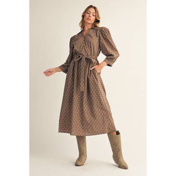 Latte Floral Tie Waist Midi Dress
