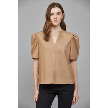 Latte Split Neck Vegan Leather Top