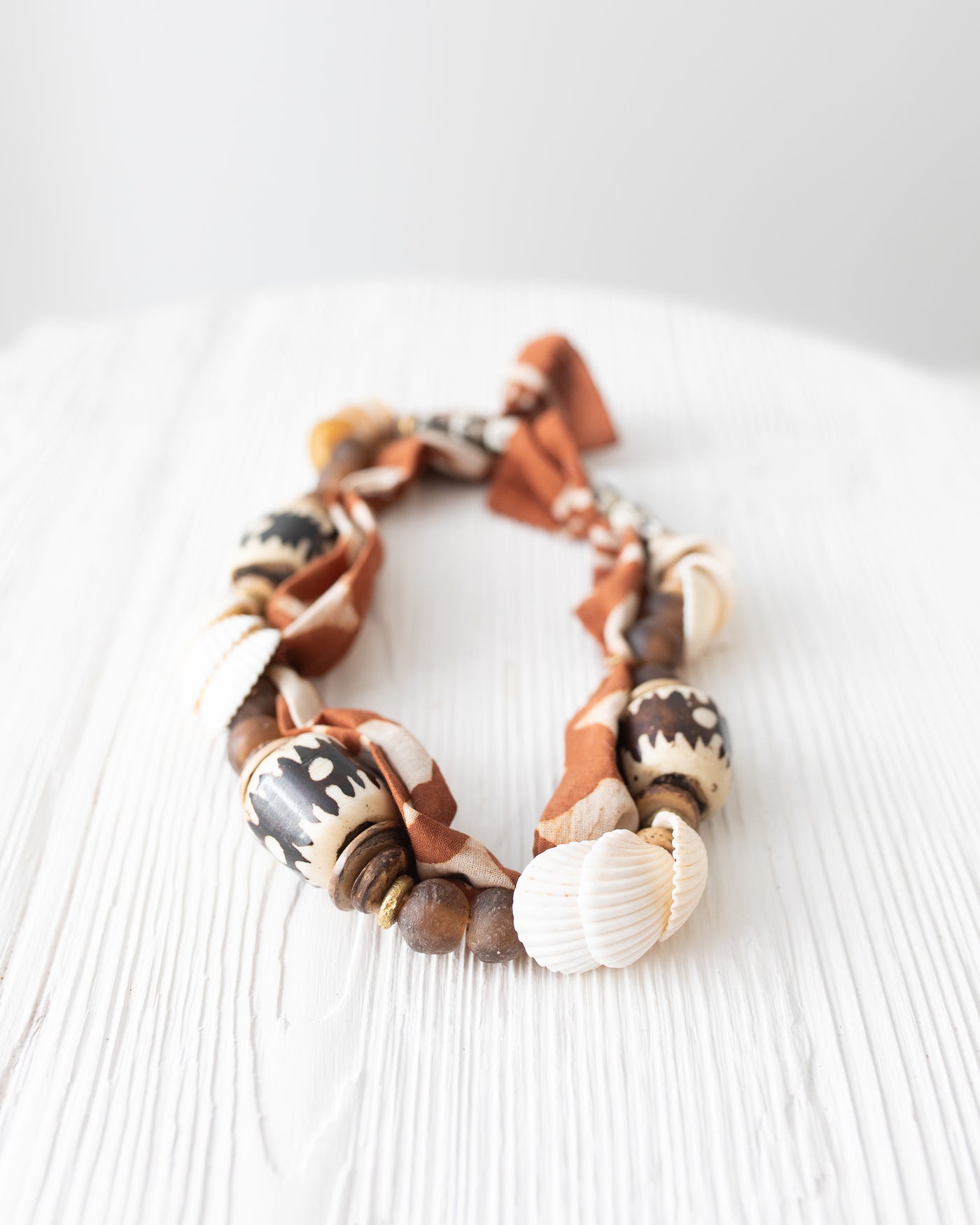 Beaded Brown Bandana Necklace with White Shells