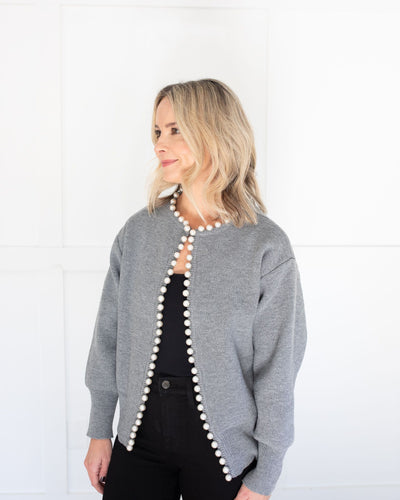 Grey Cardigan with Pearl Pom Trim