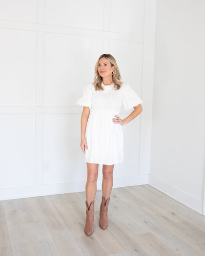 White Textured Puff Sleeve Babydoll Dress