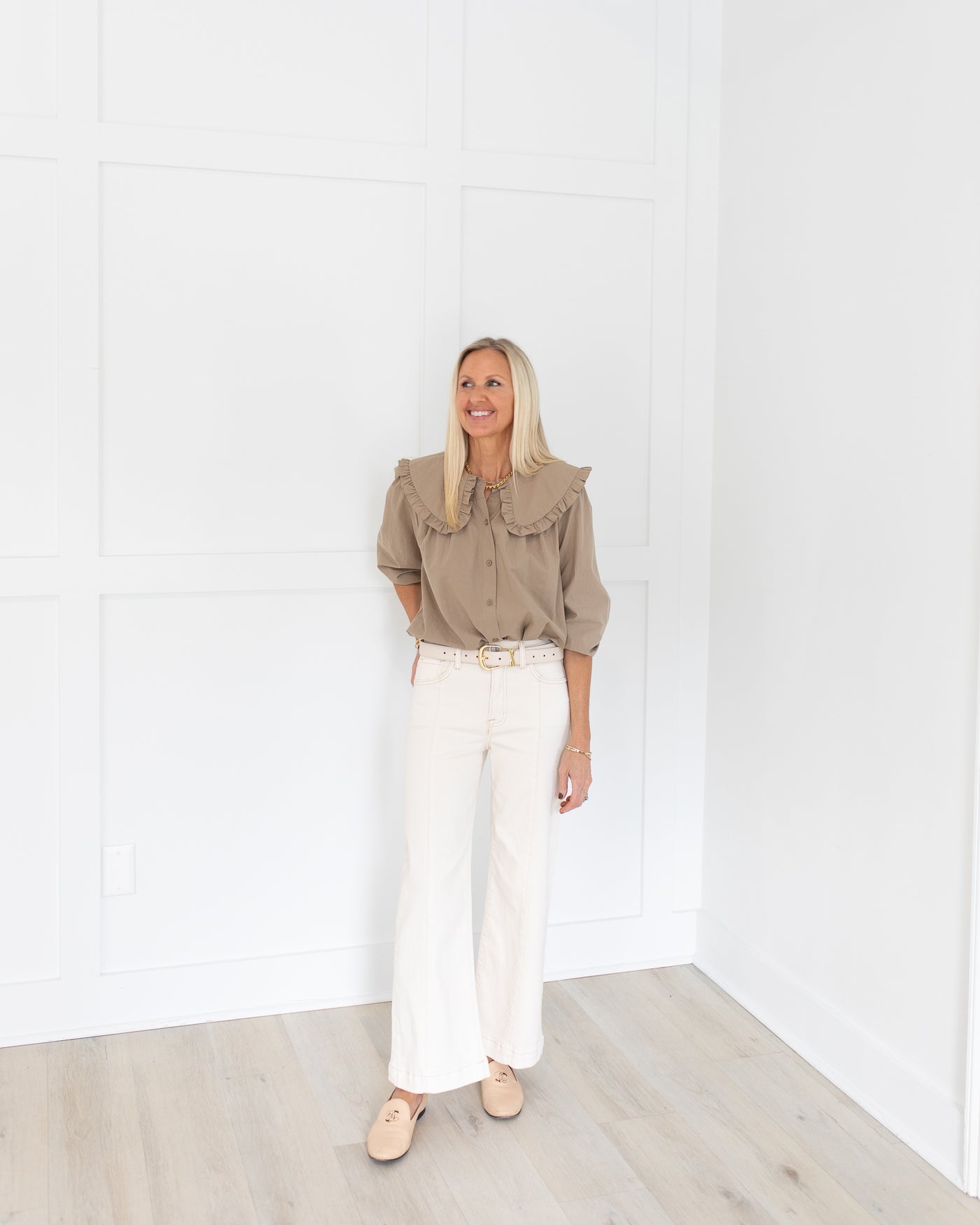 Tan Ruffle Collar Button Front Blouse