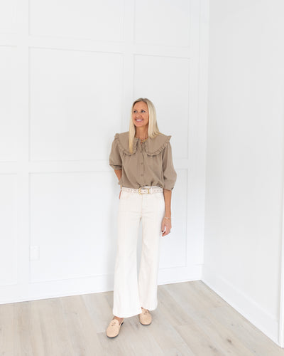 Tan Ruffle Collar Button Front Blouse