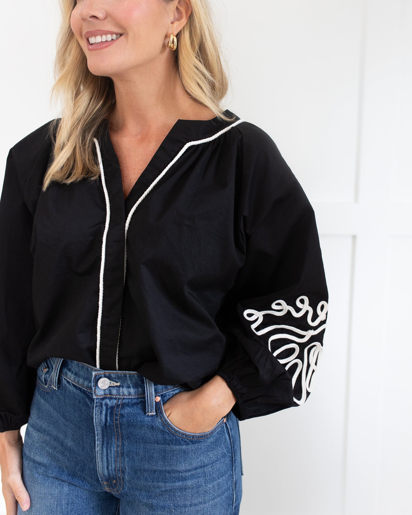 Black with White Embroidery on Puff Sleeves Blouse