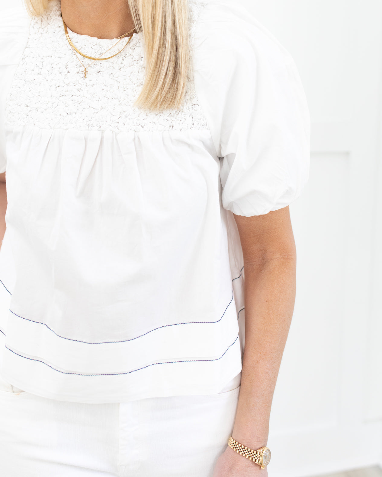 White Puff Sleeve Smocked Top with Navy Stitching