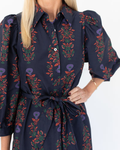 Navy Collared Midi Dress with Green and Rust Florals