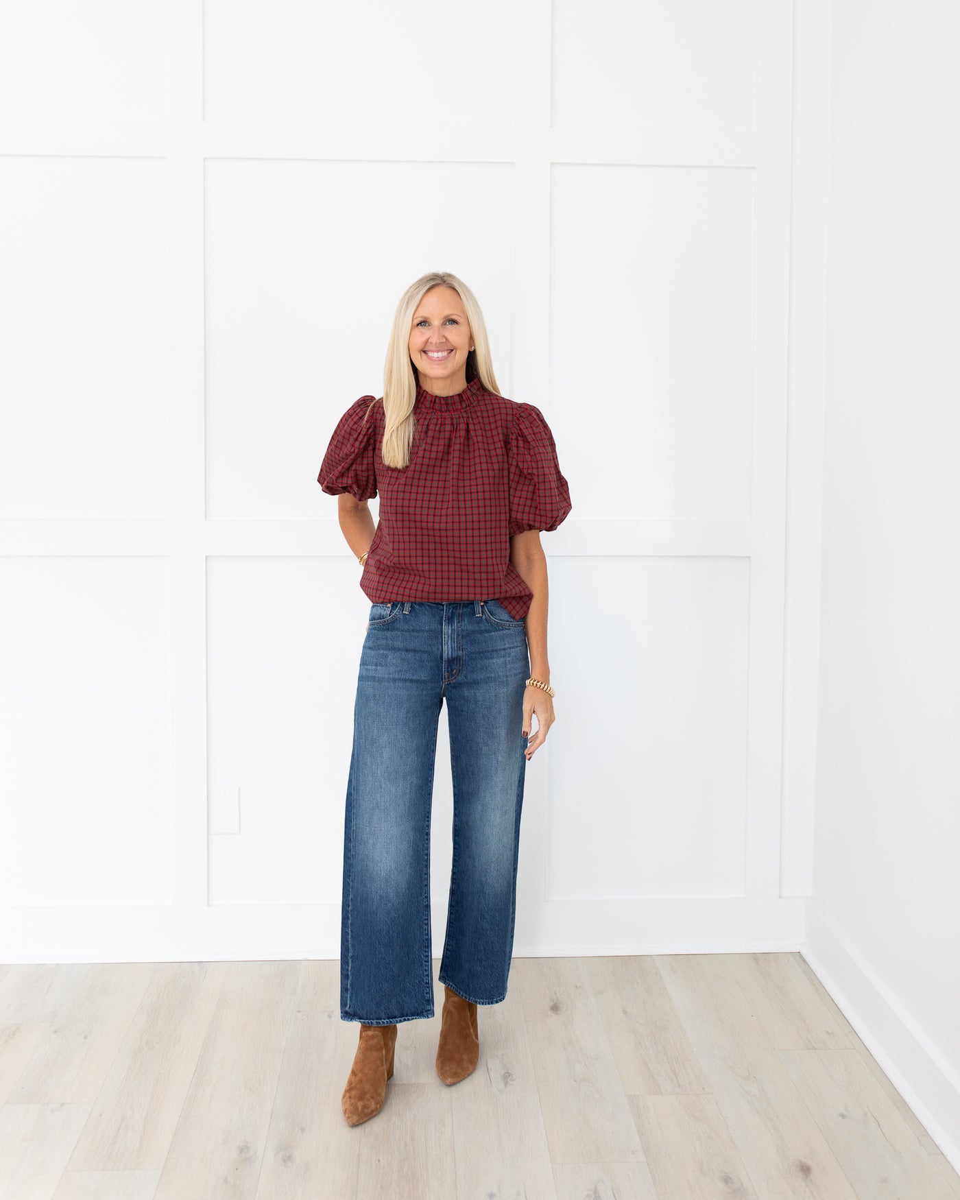 Red, Navy and Green Puff Sleeve Top