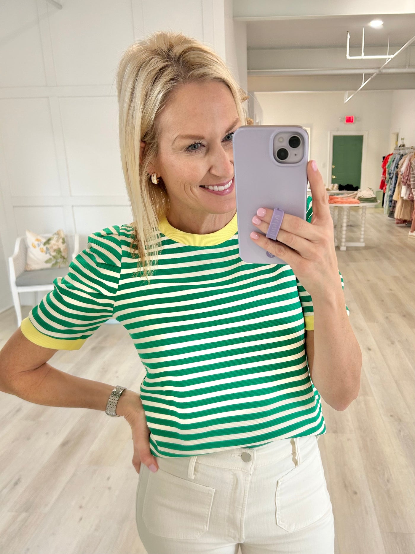 Green Striped Blouse with Yellow Trim