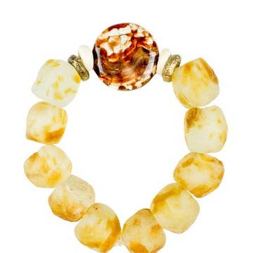 Glass Bead Bracelet in Camel with Ivory and Brown Disc Stone