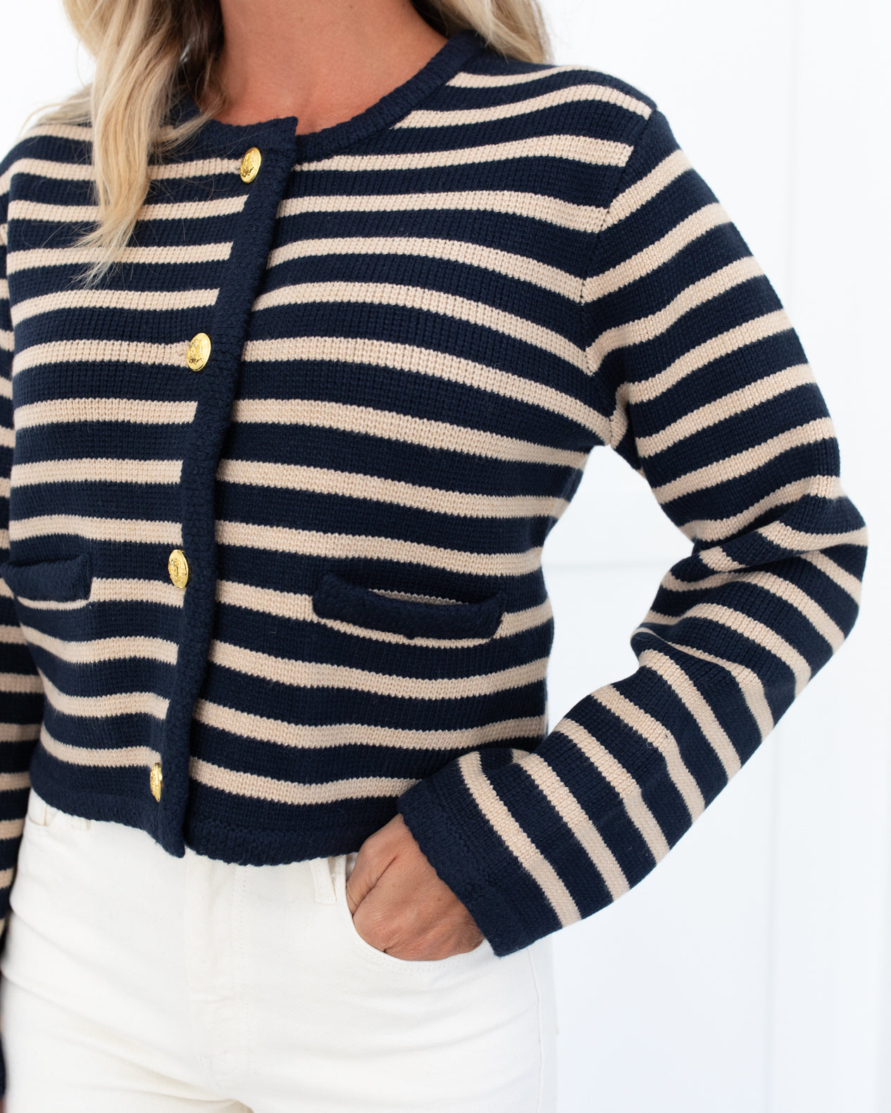 Navy/Tan Knit Striped Cardigan Sweater