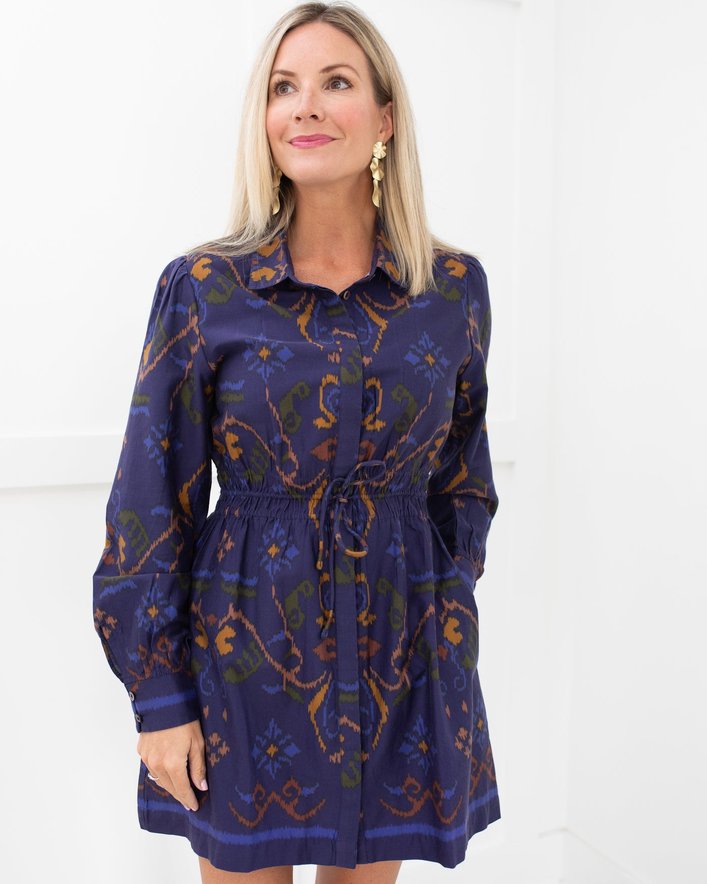 Navy Blue Ikat Collared Dress