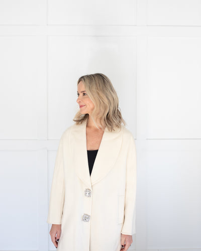 Crystal Button Walking Coat in Ivory