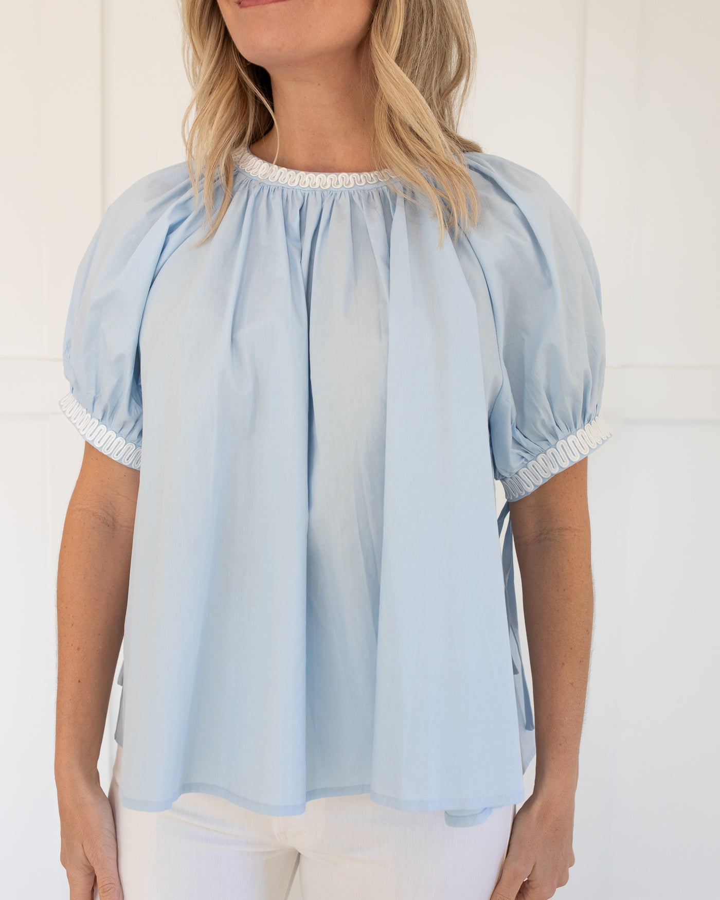 Blue Puff Sleeve Blouse with White Embroidered Trim