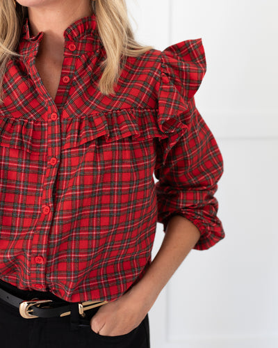 Red Tartan Plaid Ruffle Button Down Blouse