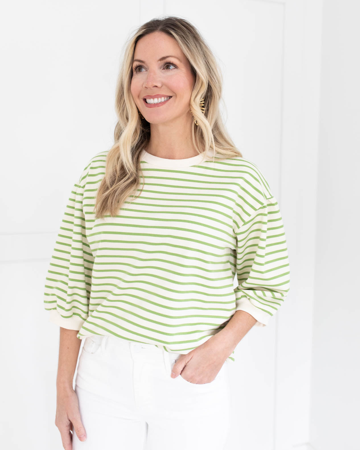 Light Green Striped 3/4 Sleeves Top