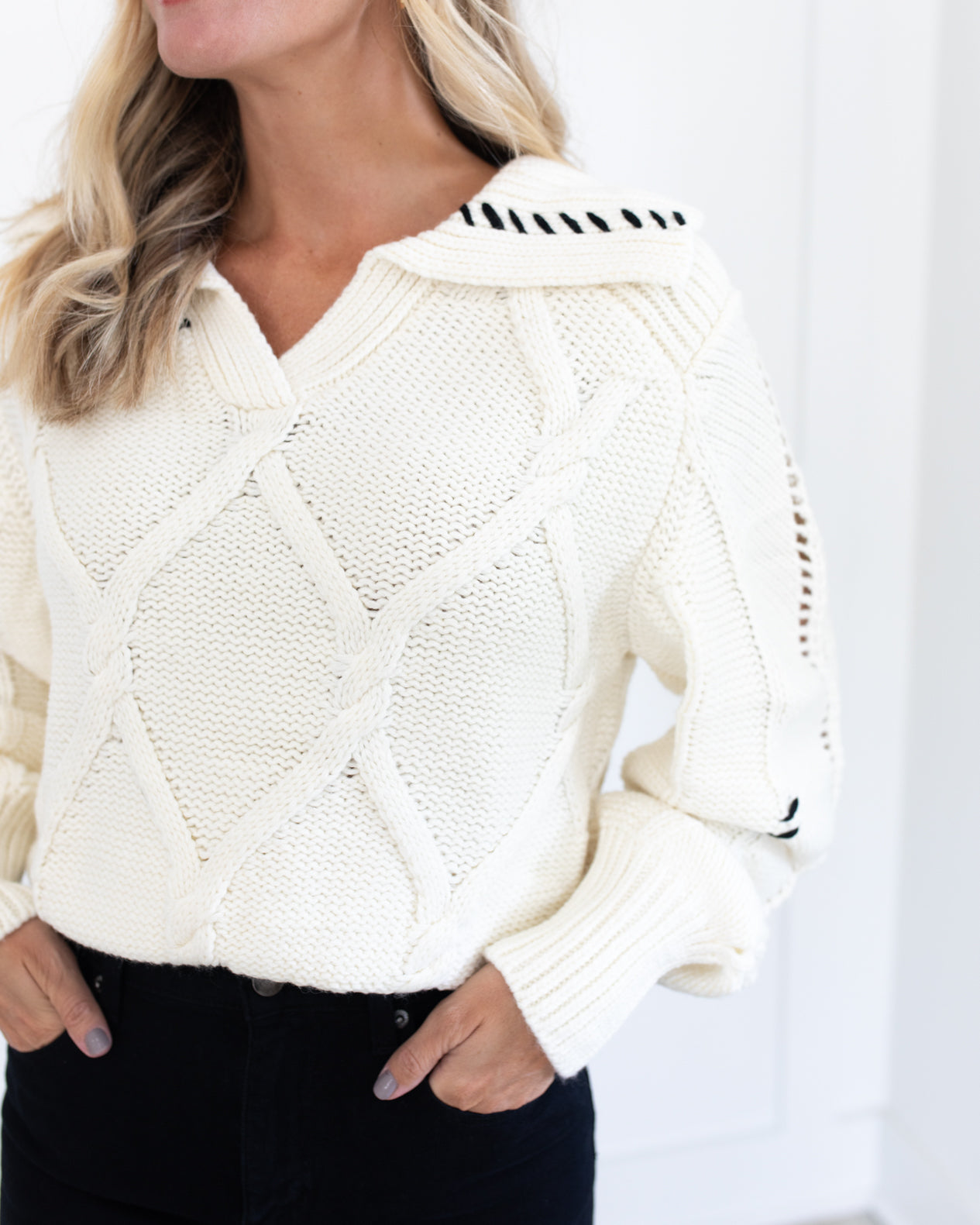 Ivory Cable Knit Sweater with black stitching