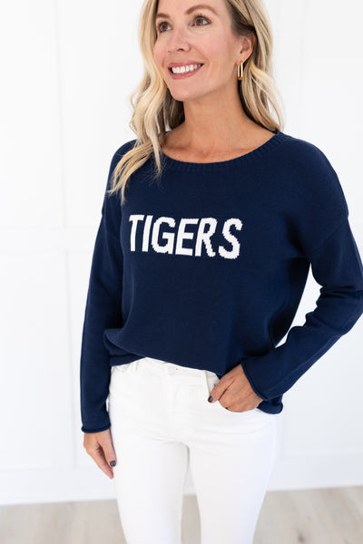 Navy Tigers Sweater with Orange Stripe
