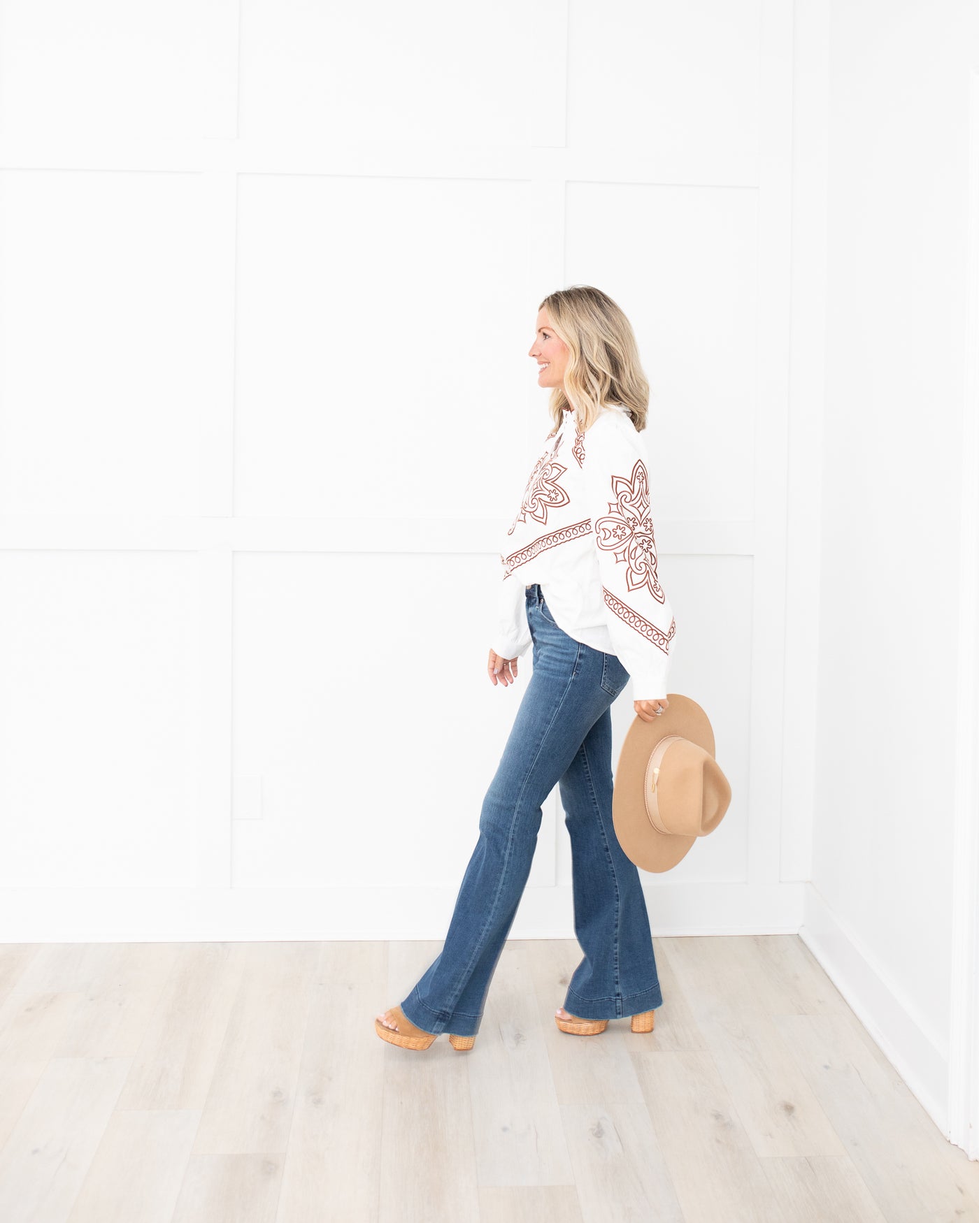 White & Brown Embroidered Button Down Blouse