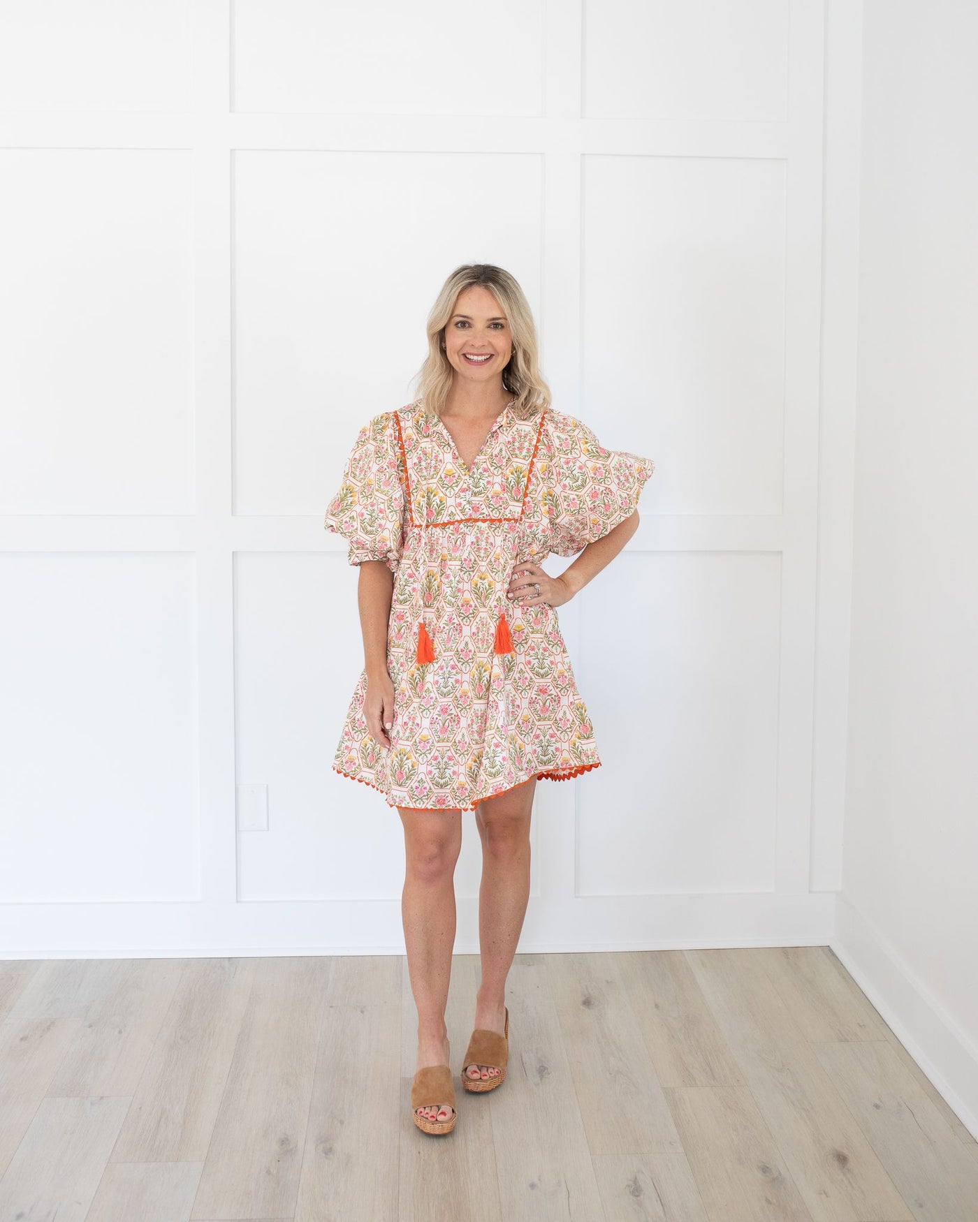 Ivory, Pink and Yellow Floral Dress with Orange Trim