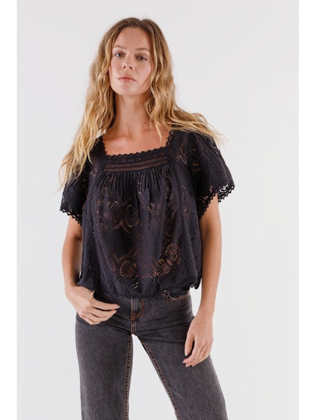 Black Lace Square Neck Blouse