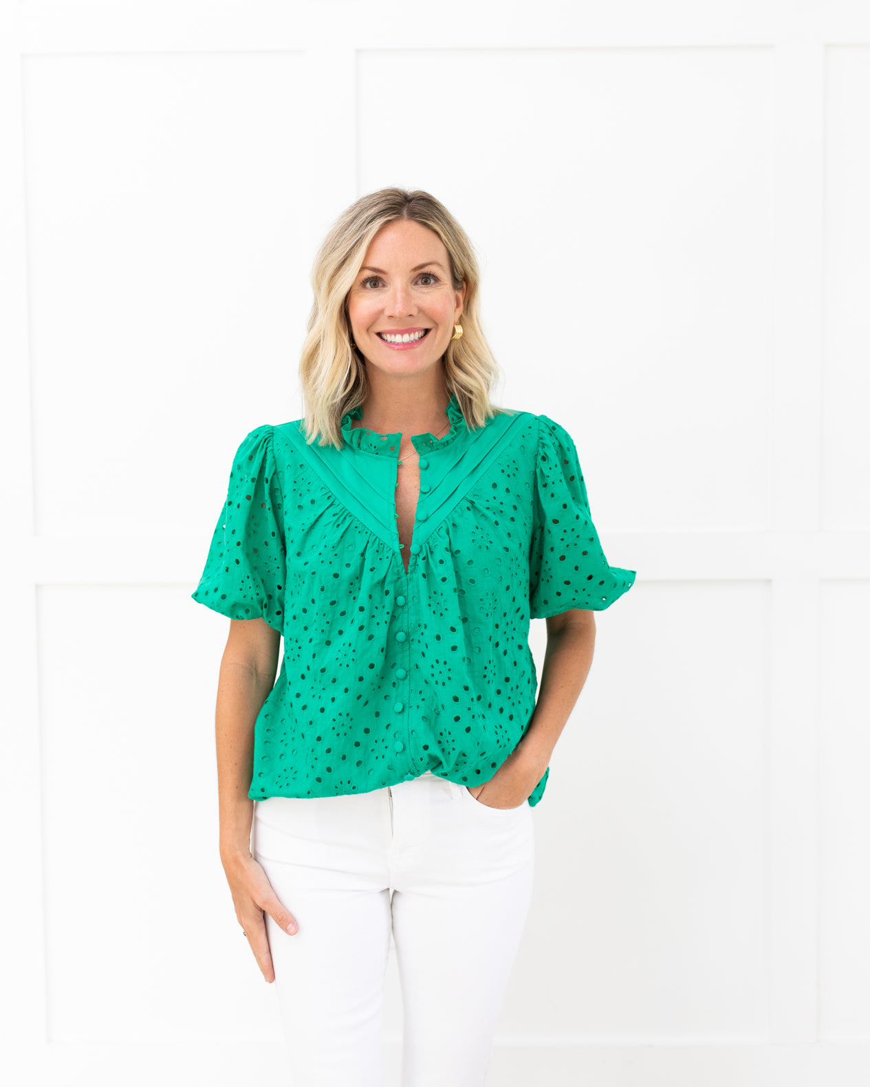 Green Eyelet Button Front Top