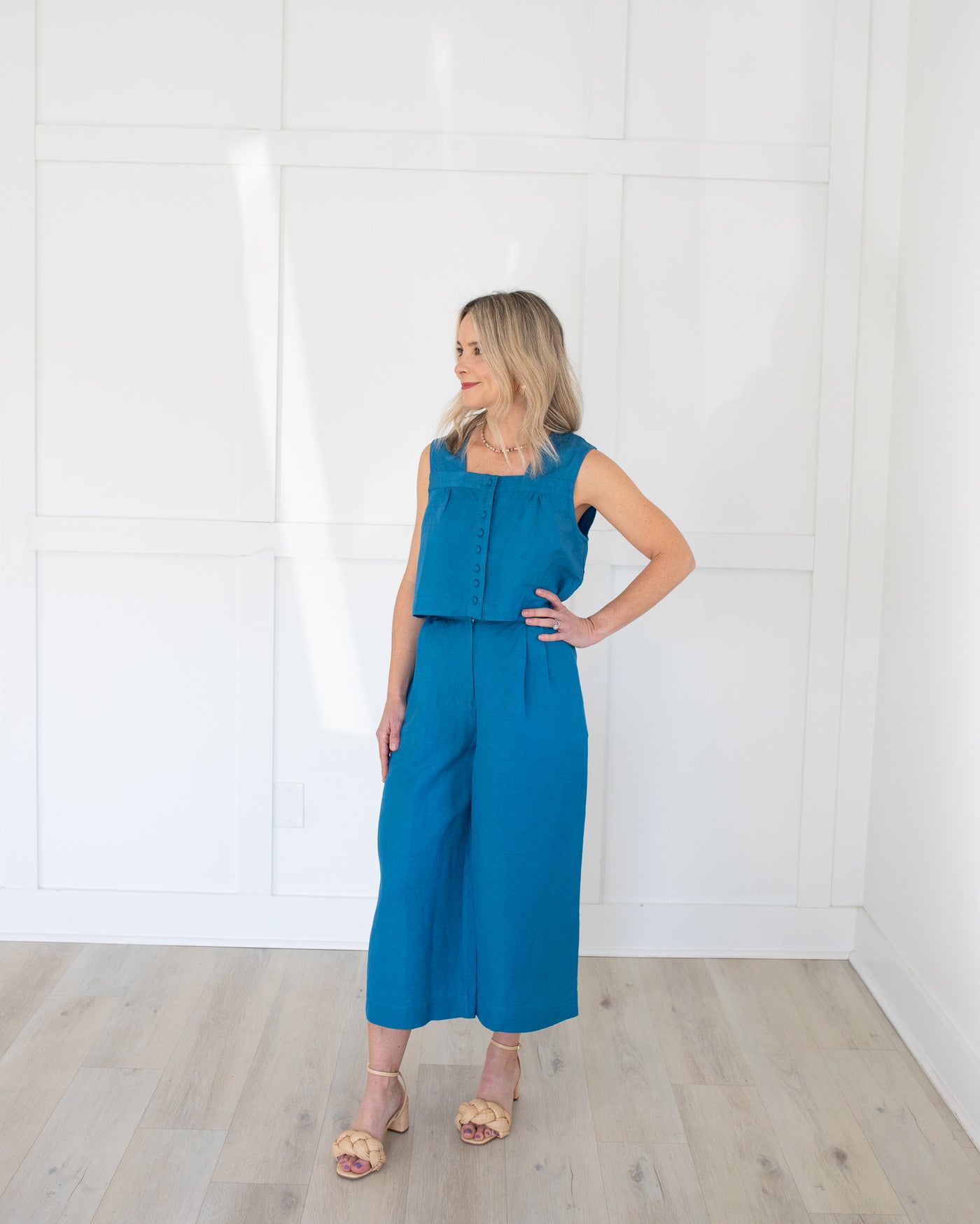 Teal Linen Wide Leg Cropped Pants