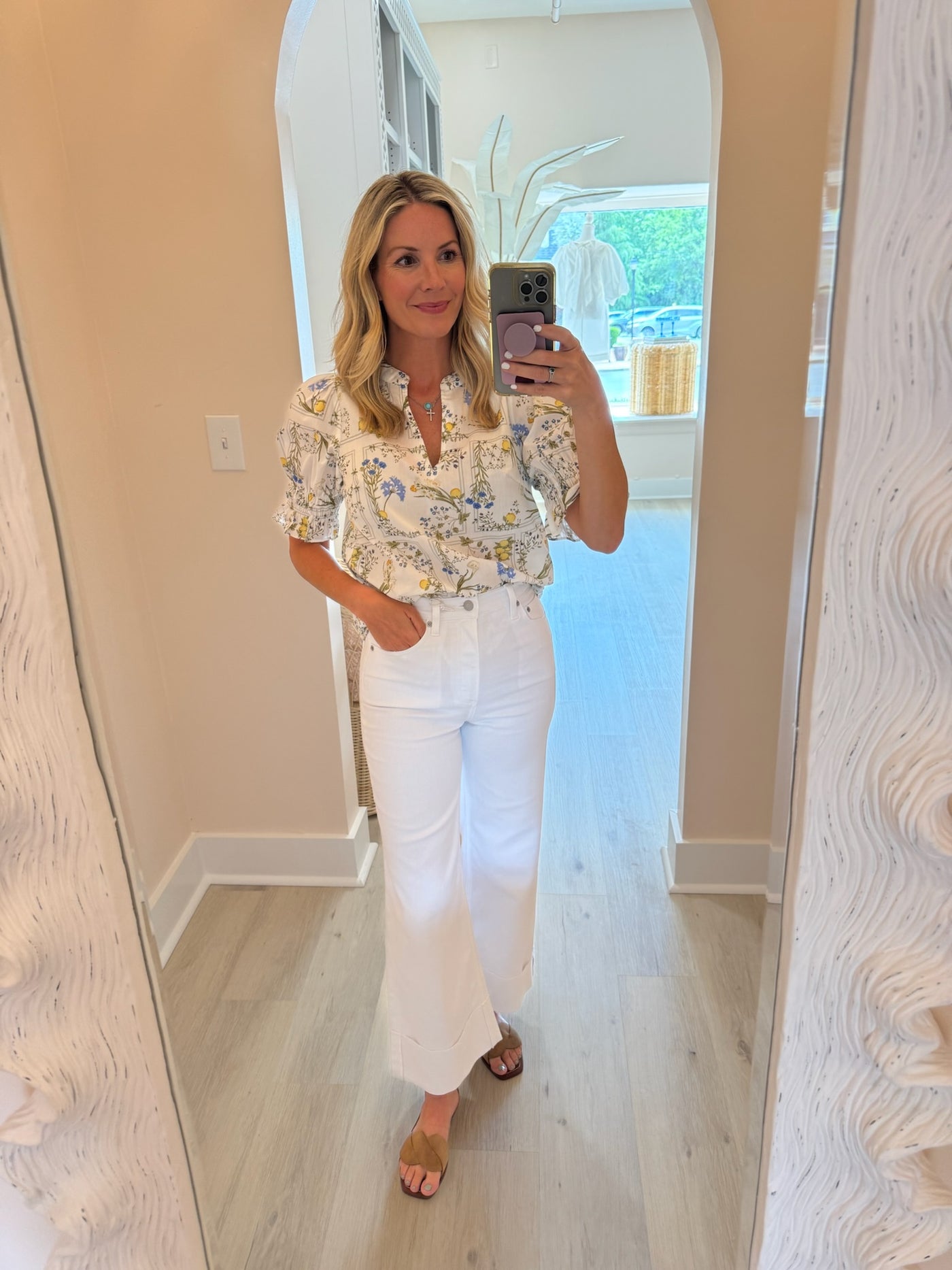 White, Sage and Blue Floral V Front Blouse with Lemon Detail