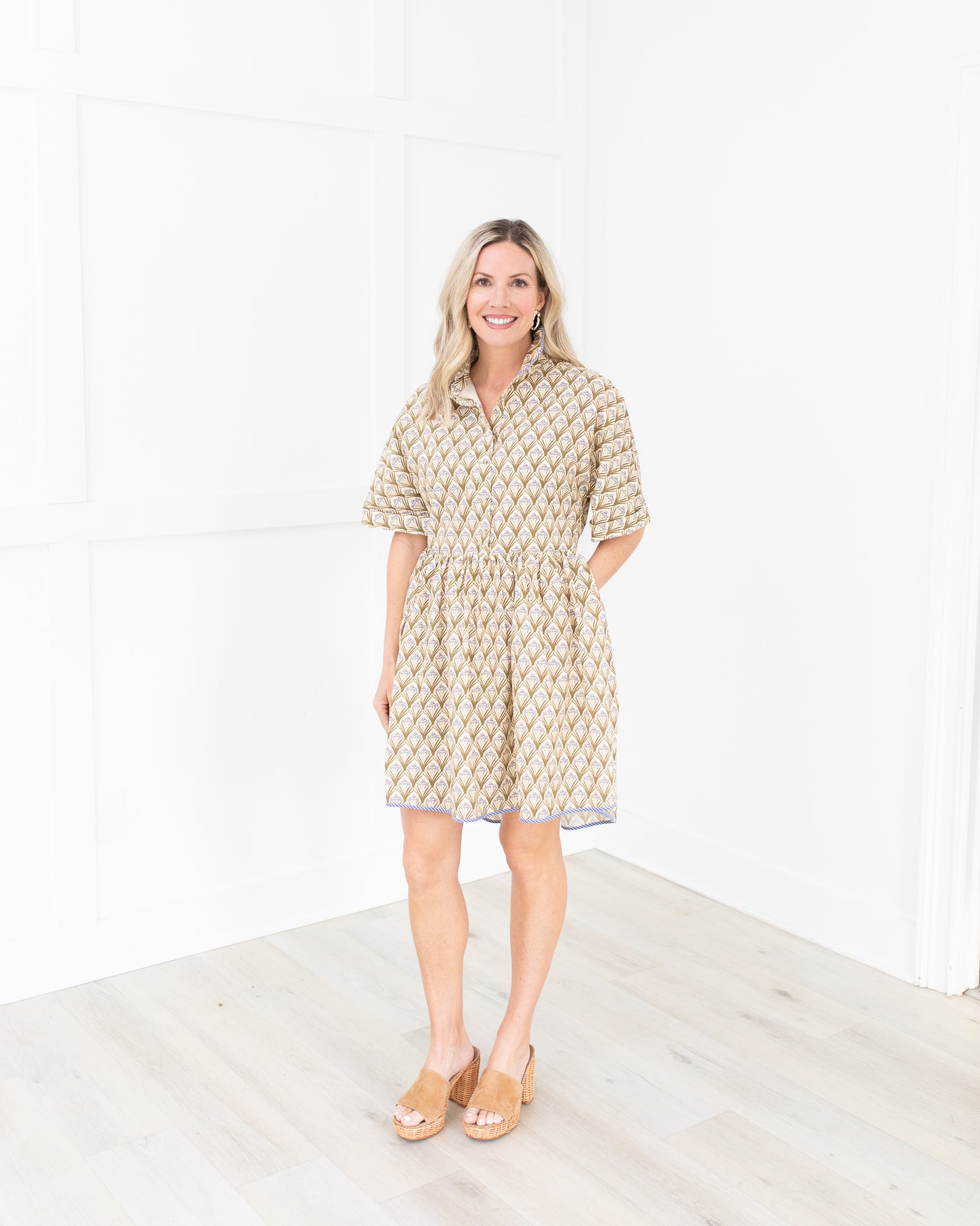 Cream & Olive Floral Shirt Dress with Blue Trim