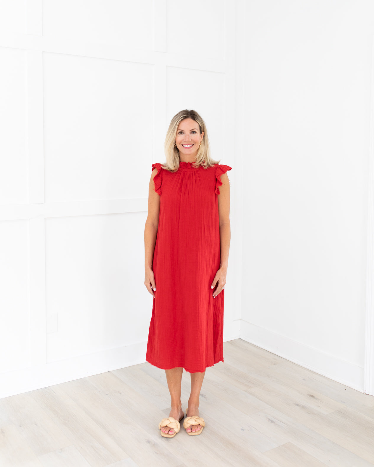 Red Gauze Ruffle Sleeve Midi Dress