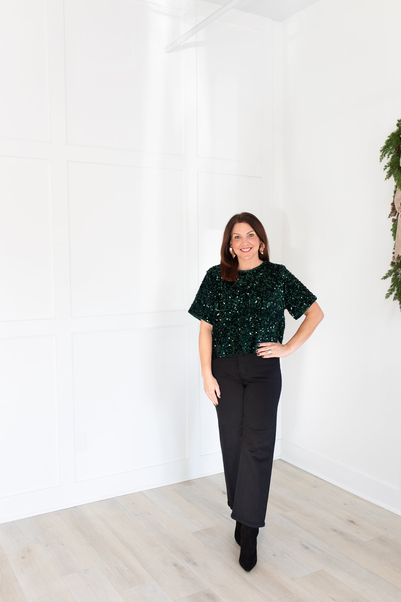 Green Sequin Short Sleeve Top