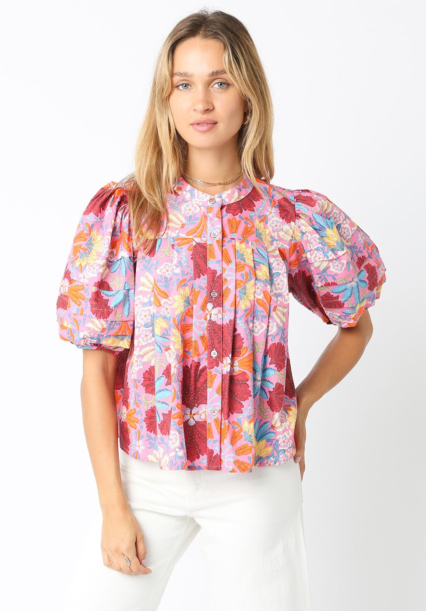 Pink Multi Color Floral Front Pleated Blouse