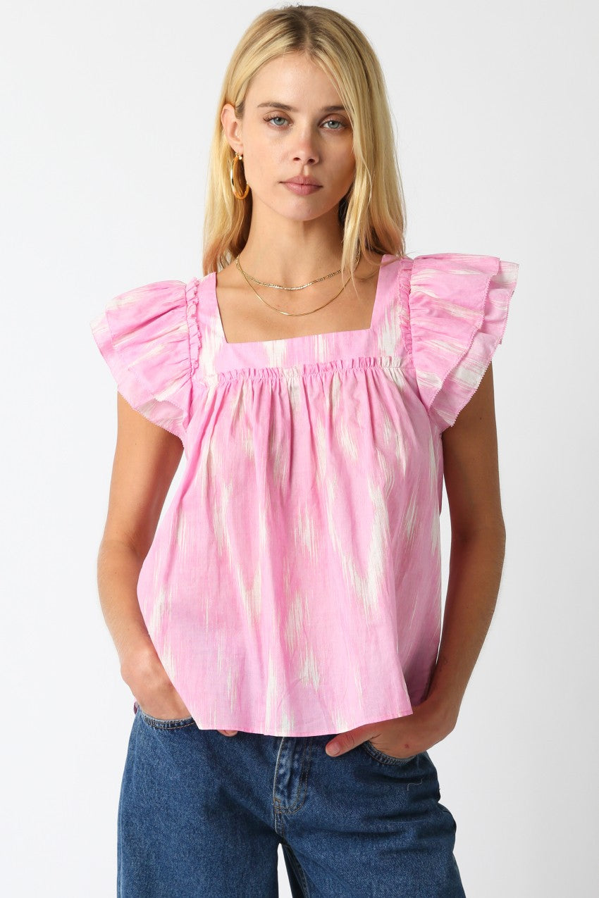 Pink and White Ikat Flutter Sleeve Top