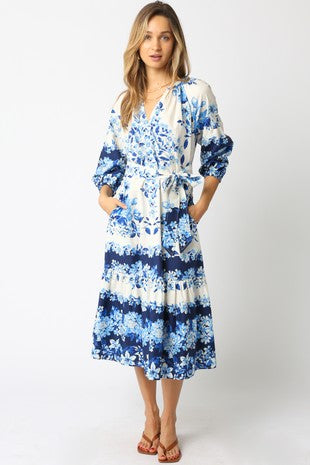 Blue and White Floral Waist Tie Midi Dress