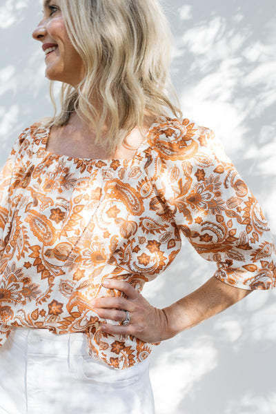 Mason Top In Orange, White and Latte Paisley Floral