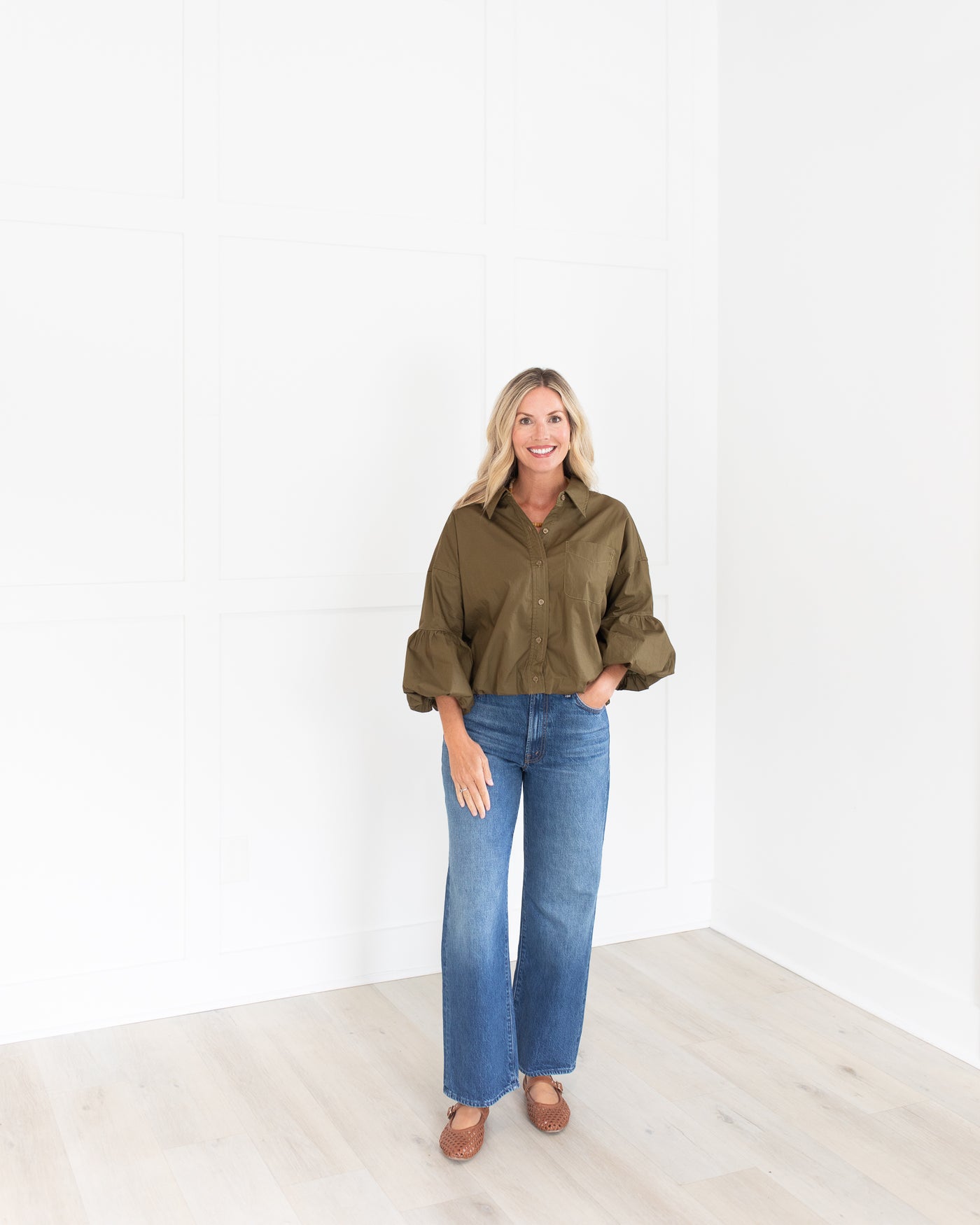 Olive Button Down Bubble Sleeve Blouse
