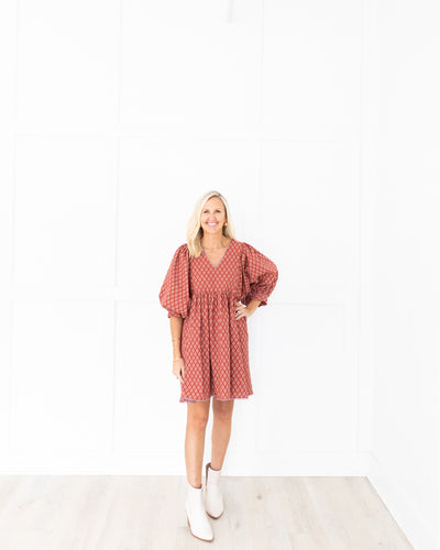 Rust Medallion Block Print Balloon Sleeve Mini Dress