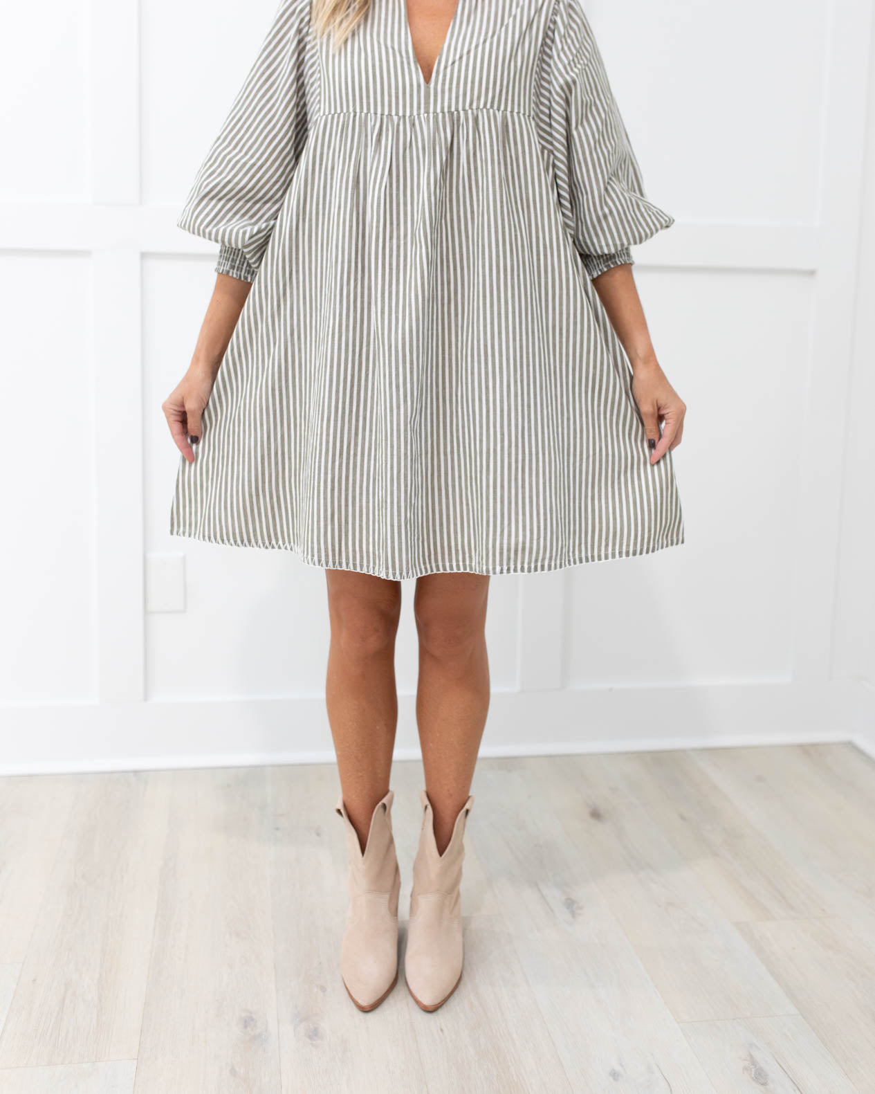 Carter Dress in Olive and White Stripe