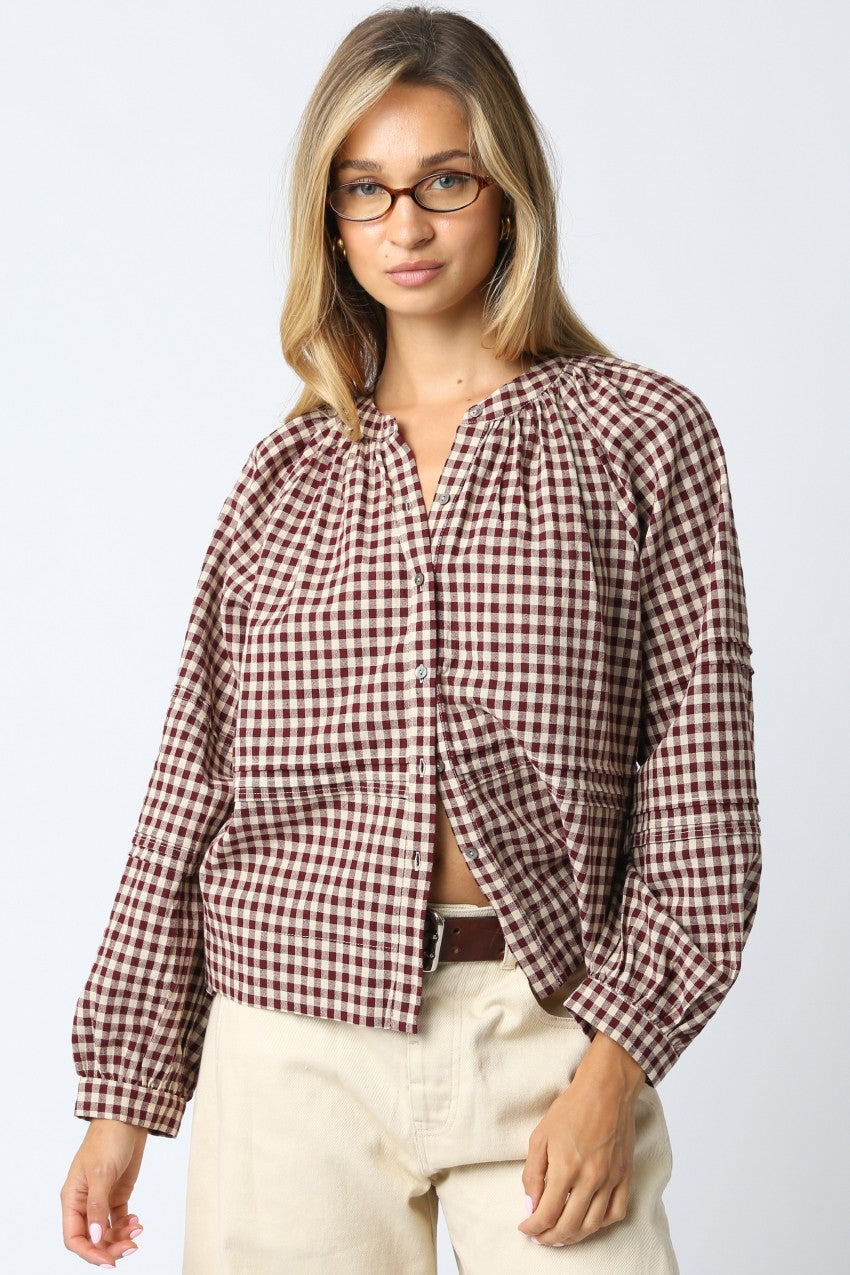 Burgundy Gingham Button Front Shirt