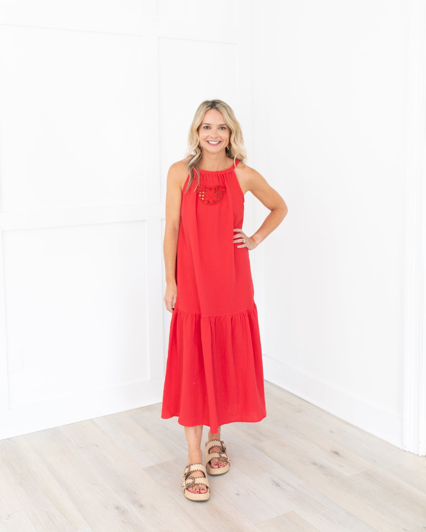 Red Maxi Tie Neck Dress