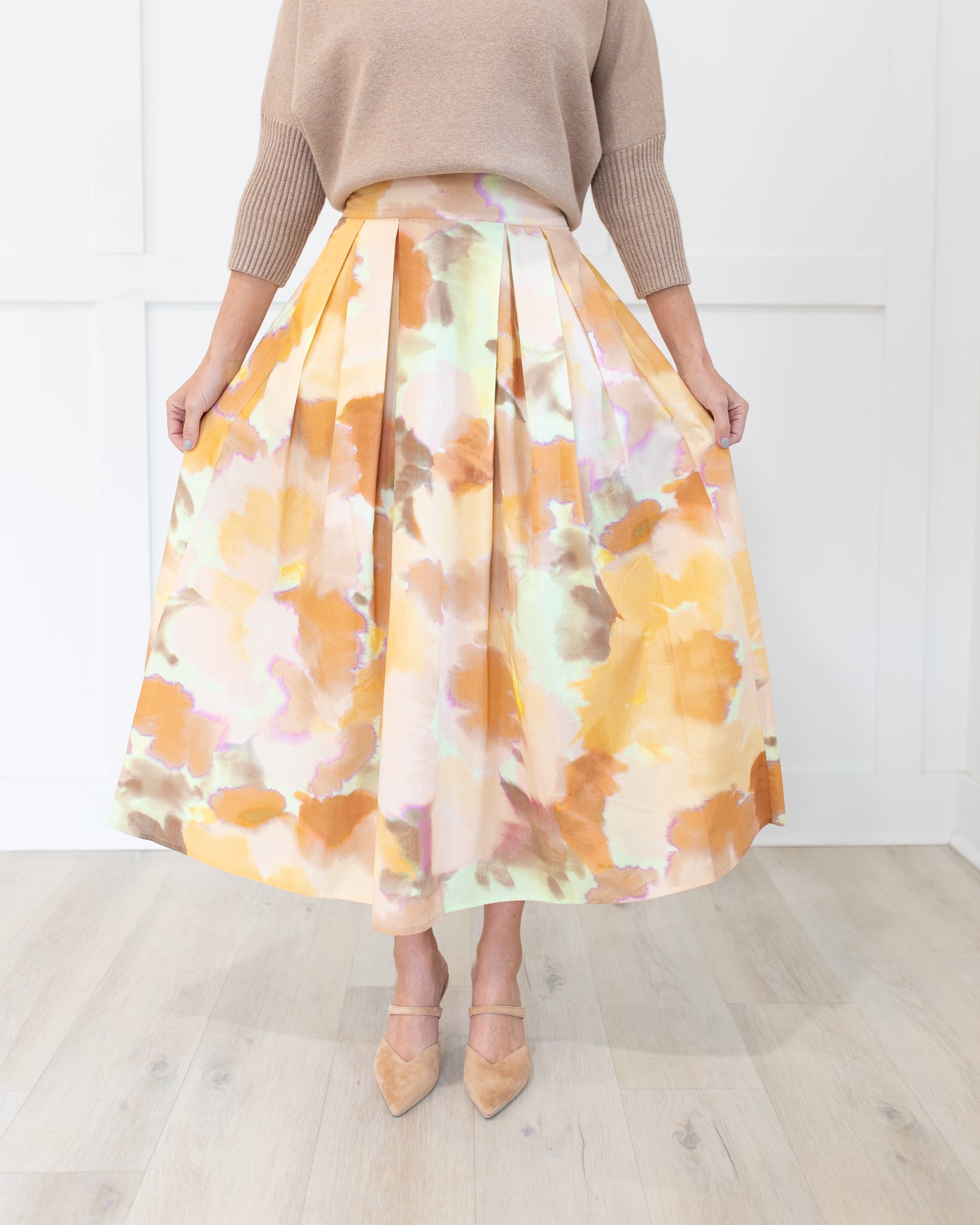 Peach, Taupe and Butter Watercolor Midi Skirt