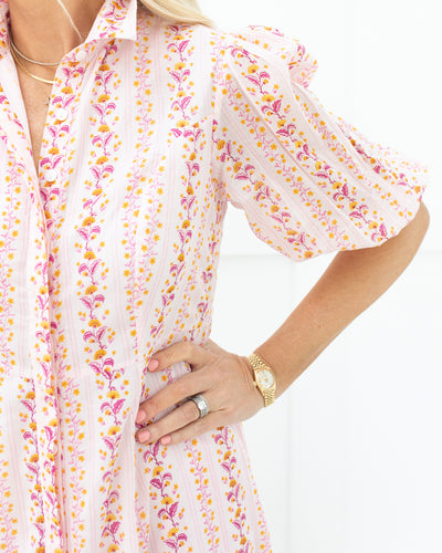 Pink Floral Shirtdress with Short Puff Sleeves