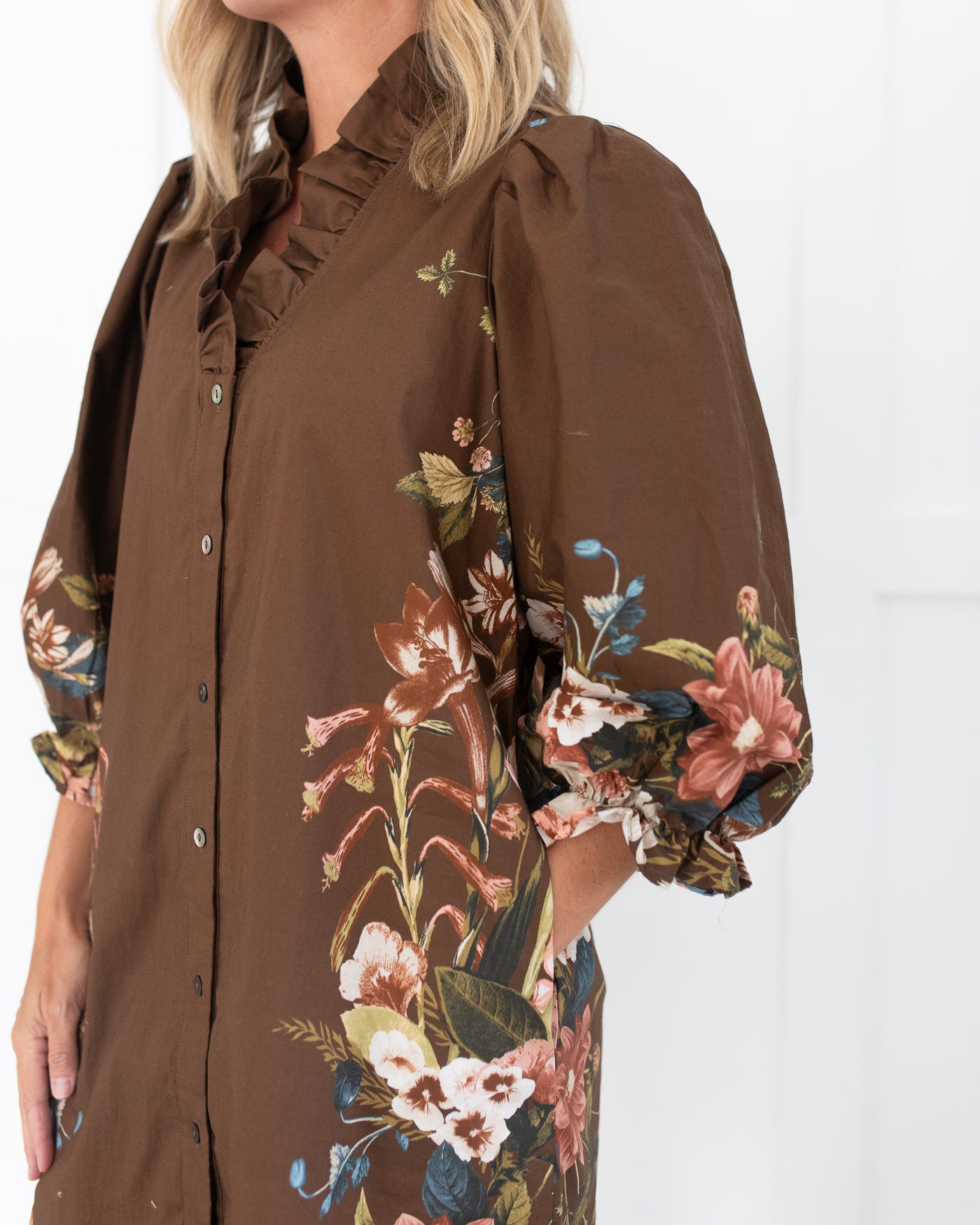 Brown Button Down Long Sleeve Dress with Blush and Blue Florals