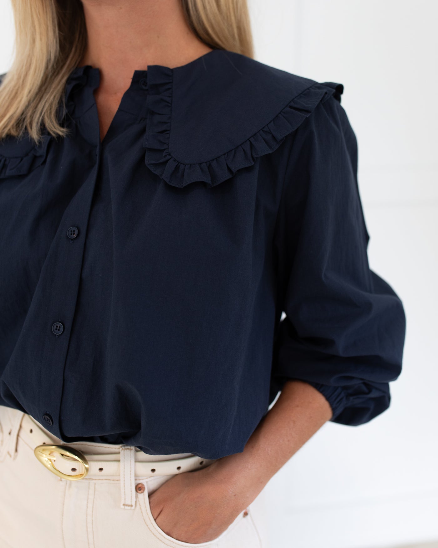 Navy Ruffle Collar Button Front Blouse