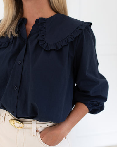Navy Ruffle Collar Button Front Blouse