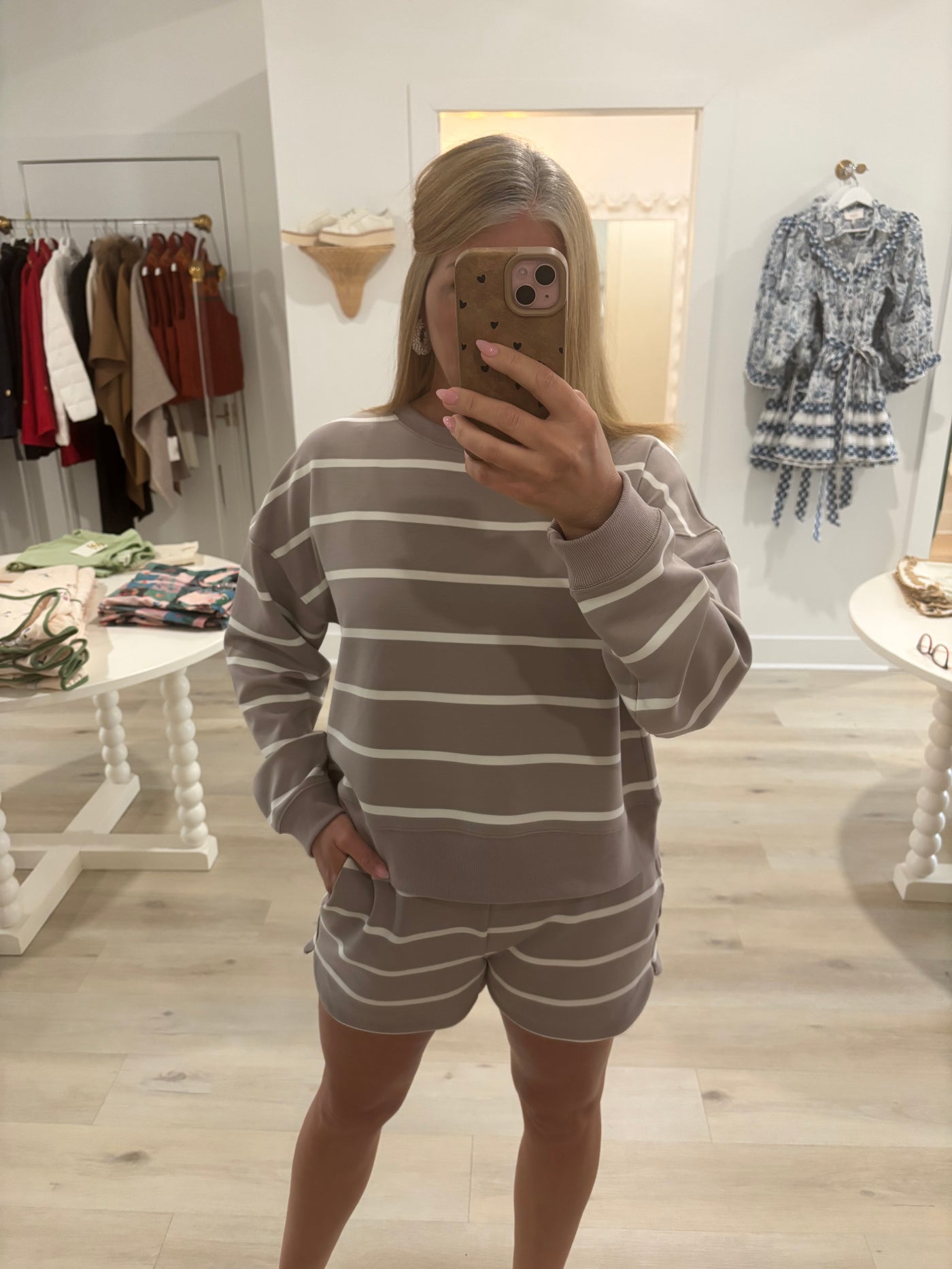 Mocha & Cream Stripe Sweatshirt & Shorts Set