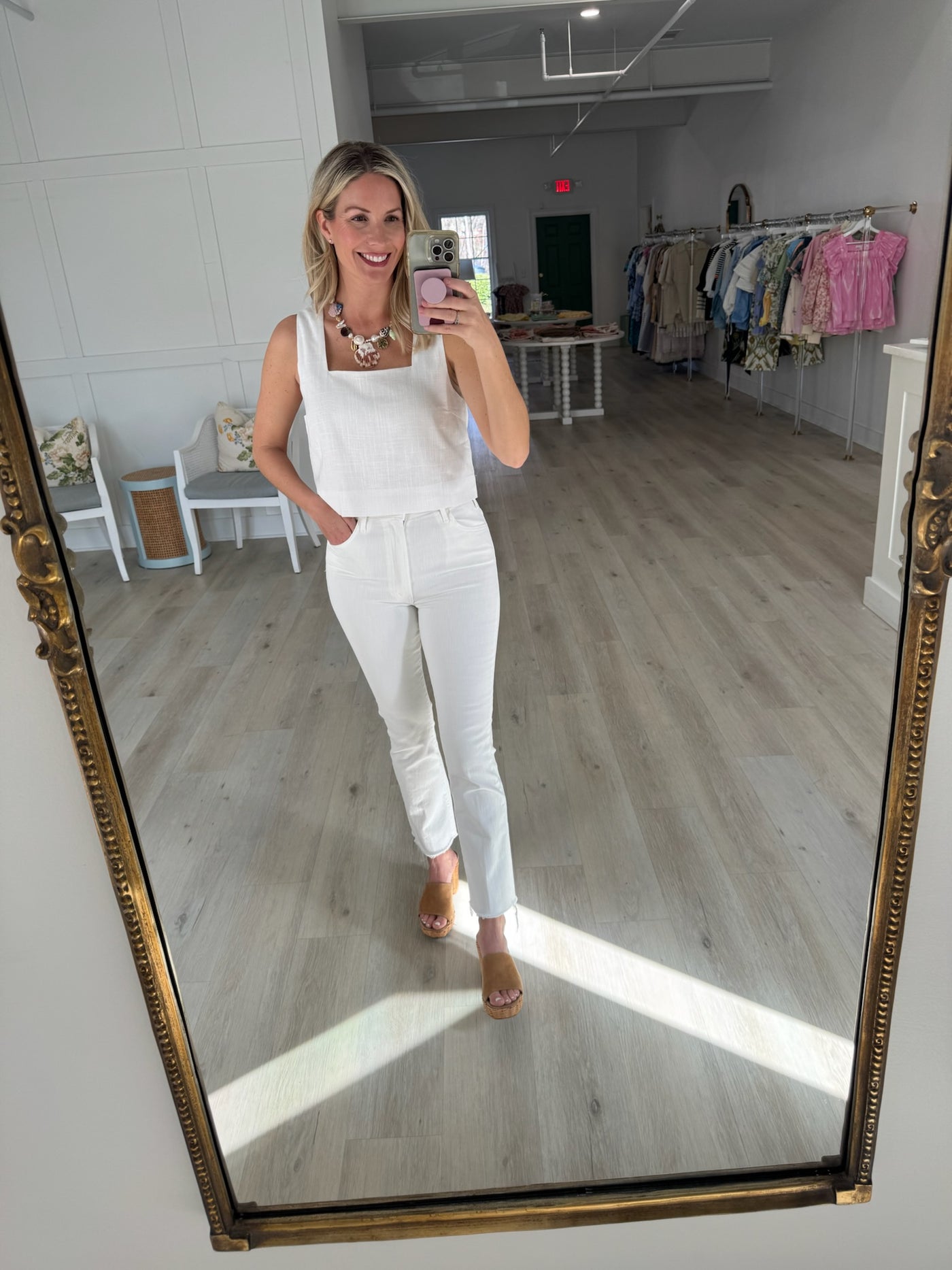 White Linen Square Neck Sleeveless Top