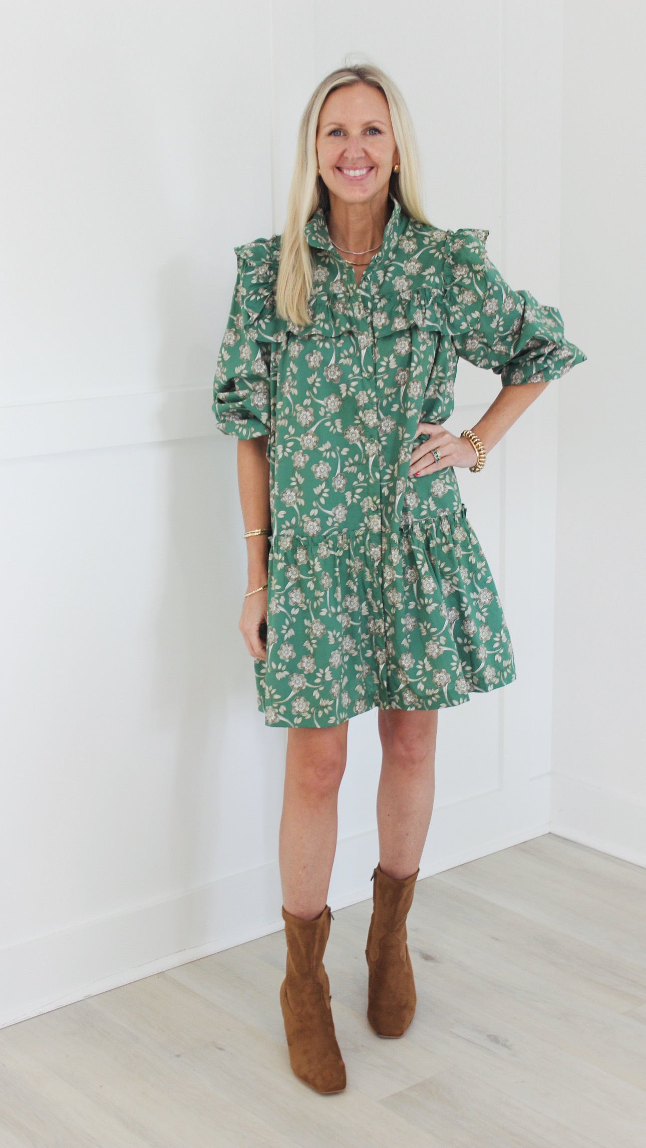 Green with Taupe Florals Collared Dress
