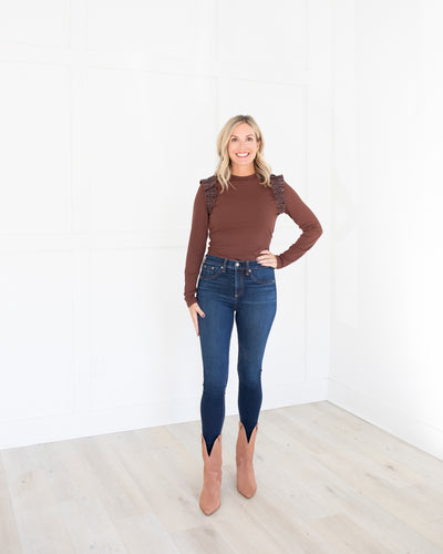 Brown Long Sleeve with Leather Ruffle Shoulder