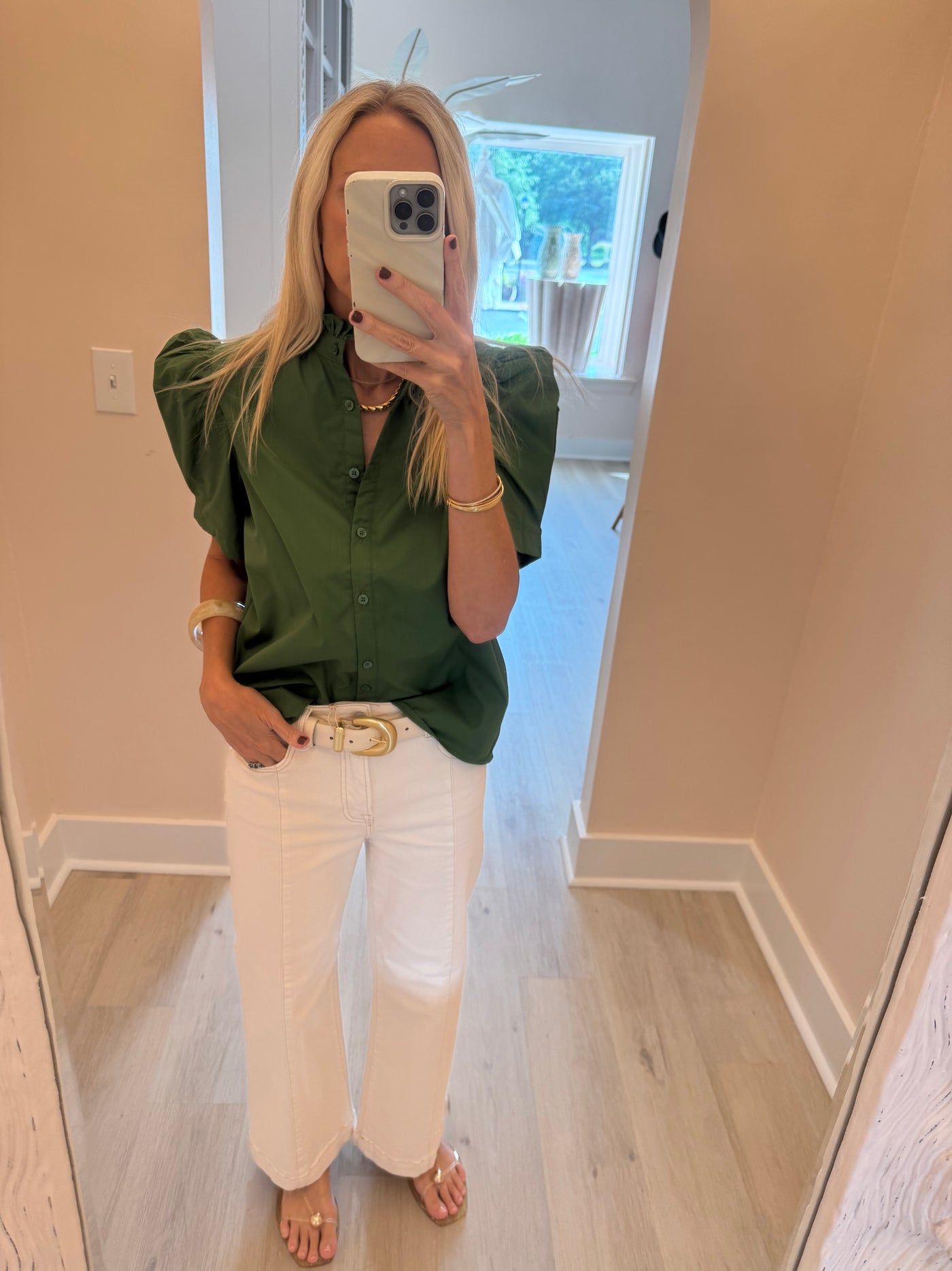 Verdant Green Ruffle Neck Puff Sleeve Top