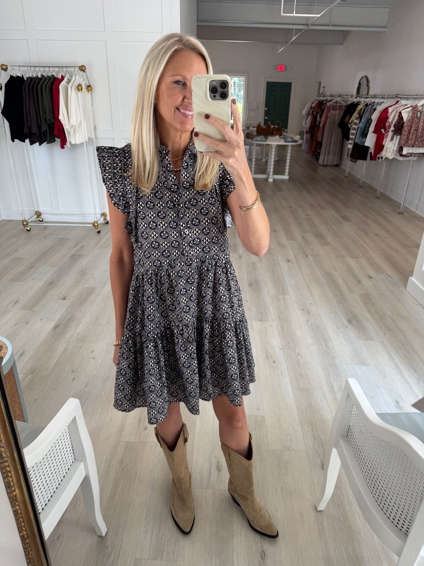 Navy and Neutral Flutter Sleeve Geometric Dress